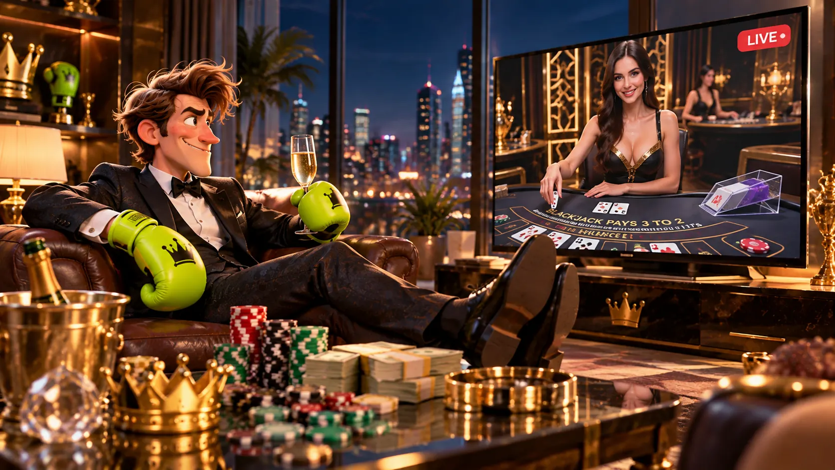 SlimKing champion watching a live blackjack table
